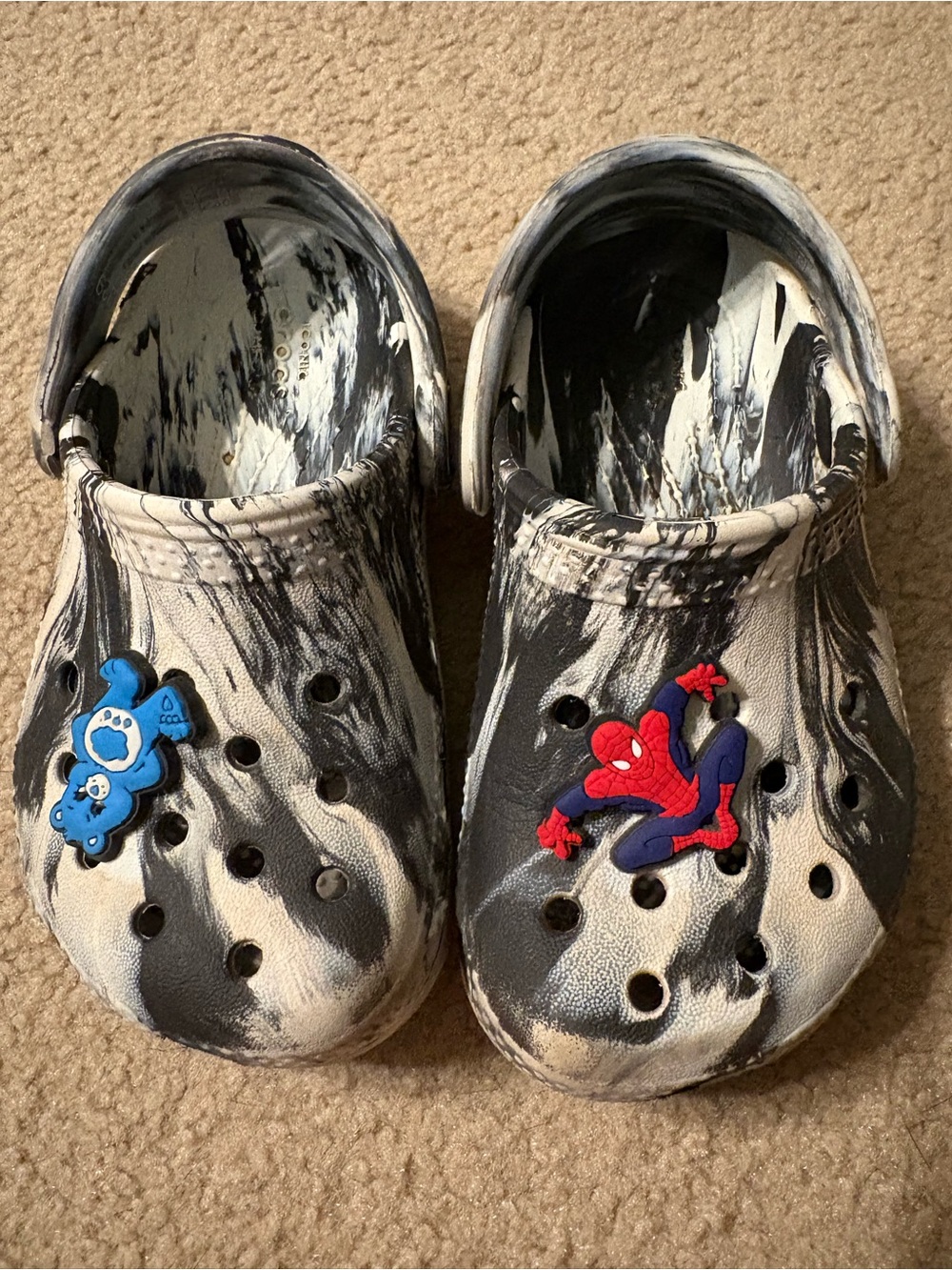 CROCS Kids Black & White Marble Clogs with Blue Bear and Red Superhero Charms